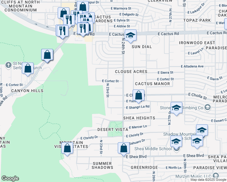 map of restaurants, bars, coffee shops, grocery stores, and more near 2316 East Cholla Street in Phoenix