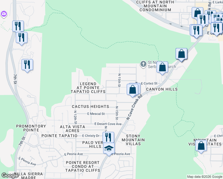 map of restaurants, bars, coffee shops, grocery stores, and more near 1414 East Cholla Street in Phoenix