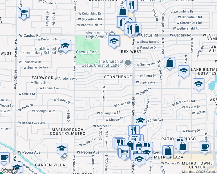 map of restaurants, bars, coffee shops, grocery stores, and more near 3615 West Lupine Avenue in Phoenix