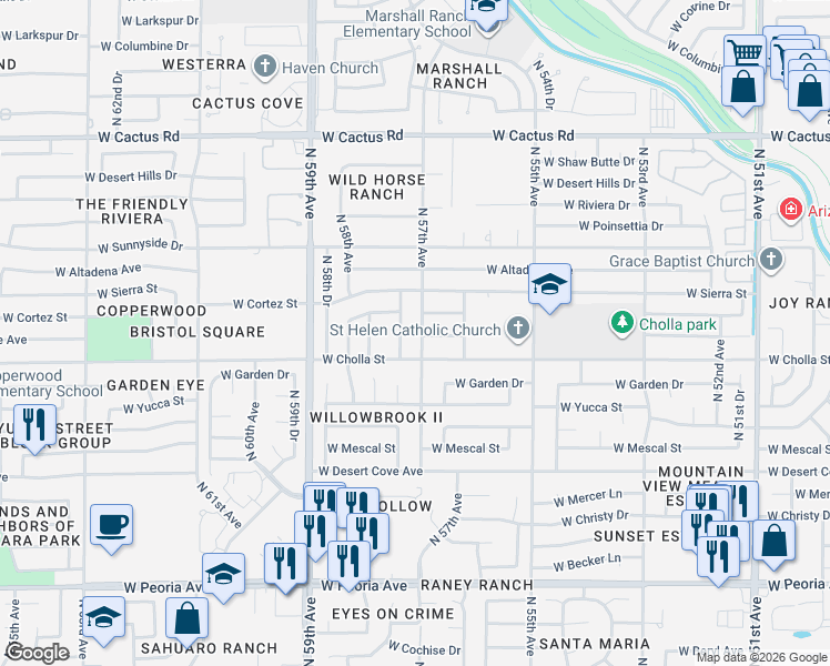 map of restaurants, bars, coffee shops, grocery stores, and more near 11402 North 57th Avenue in Glendale