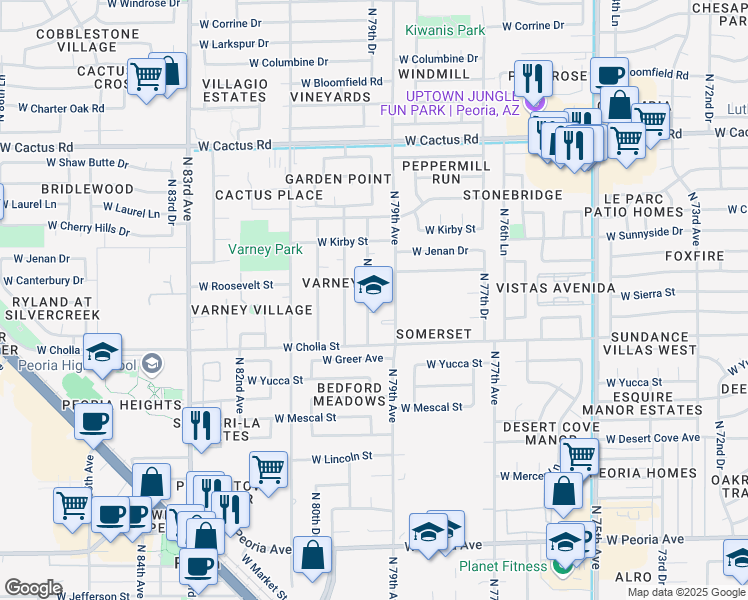 map of restaurants, bars, coffee shops, grocery stores, and more near 11501 North 79th Drive in Peoria