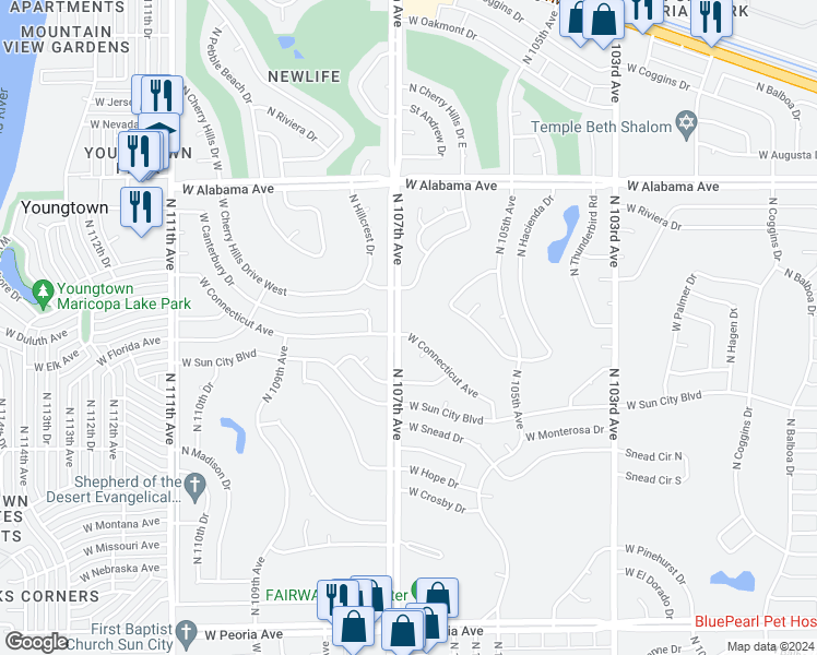 map of restaurants, bars, coffee shops, grocery stores, and more near 10656 West Connecticut Avenue in Sun City