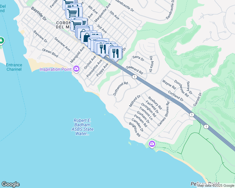 map of restaurants, bars, coffee shops, grocery stores, and more near 221 Morning Canyon Road in Newport Beach