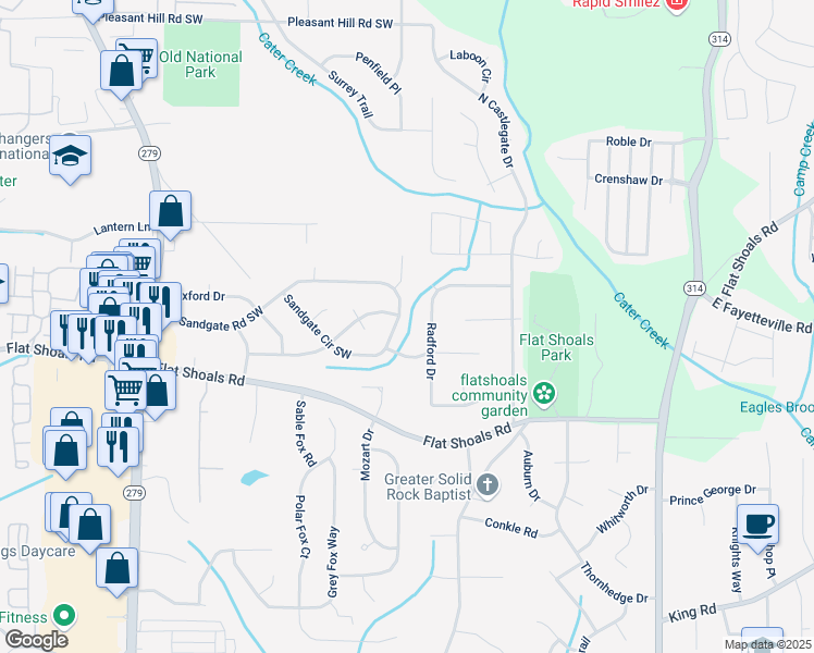 map of restaurants, bars, coffee shops, grocery stores, and more near 2065 Sandgate Circle Southwest in Atlanta