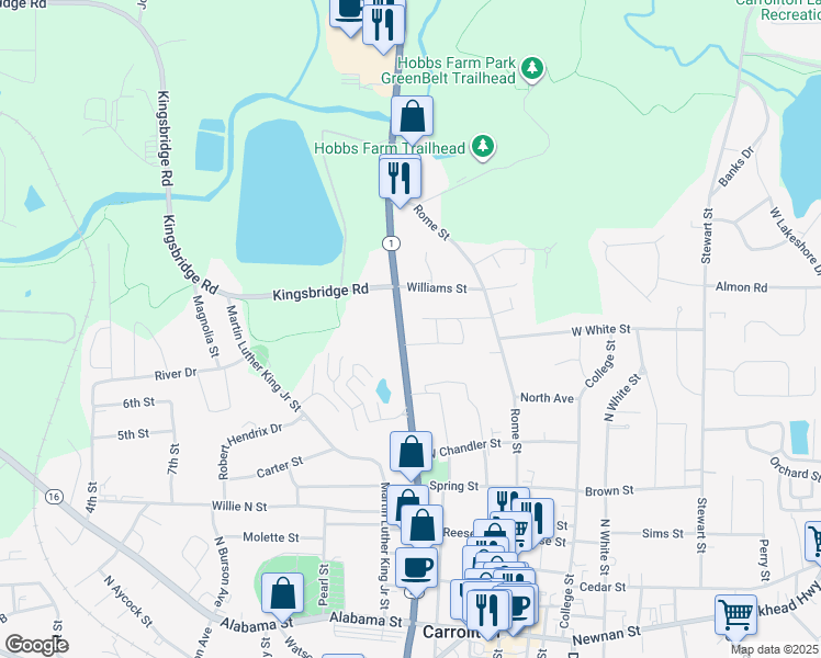 map of restaurants, bars, coffee shops, grocery stores, and more near 801 North Park Street in Carrollton
