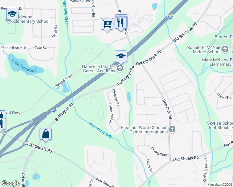 map of restaurants, bars, coffee shops, grocery stores, and more near 6008 Birdseye Tr in Atlanta
