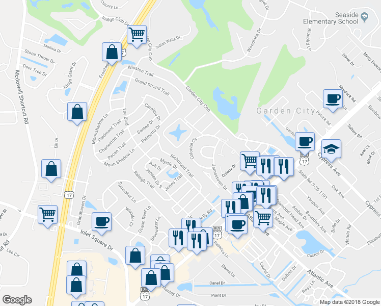 map of restaurants, bars, coffee shops, grocery stores, and more near 123 Colonial Circle in Murrells Inlet