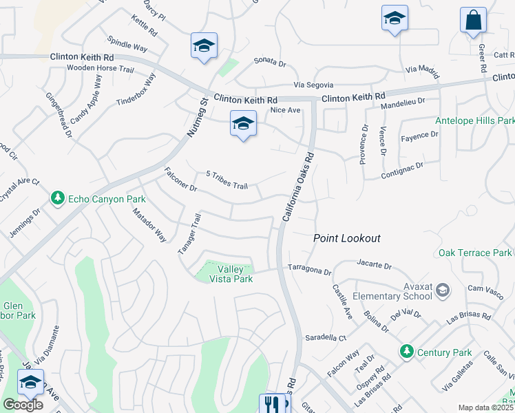 map of restaurants, bars, coffee shops, grocery stores, and more near 24107 Falconer Drive in Murrieta