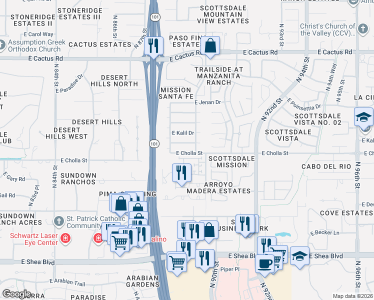 map of restaurants, bars, coffee shops, grocery stores, and more near 8948 East Arizona Park Place in Scottsdale