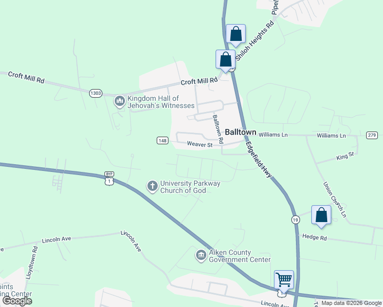 map of restaurants, bars, coffee shops, grocery stores, and more near 161 Weaver Street in Aiken