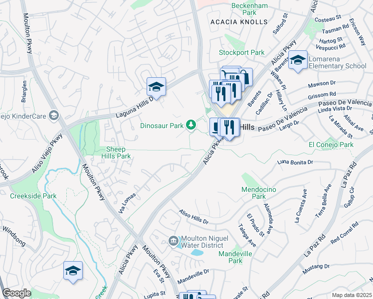map of restaurants, bars, coffee shops, grocery stores, and more near 25279 Via Lomas in Laguna Hills