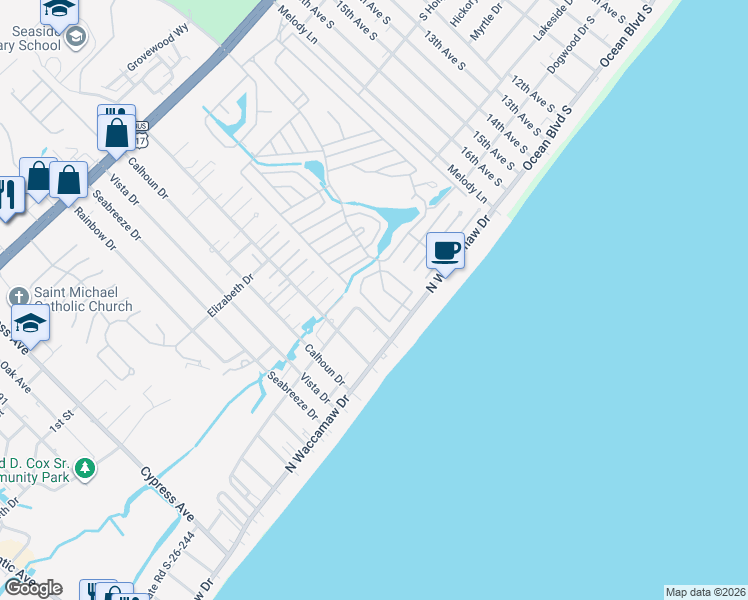 map of restaurants, bars, coffee shops, grocery stores, and more near 1710 Mason Circle in Murrells Inlet