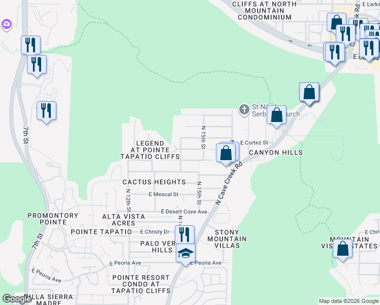 map of restaurants, bars, coffee shops, grocery stores, and more near 1414 East Cholla Street in Phoenix