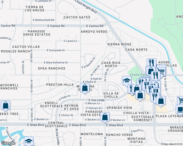 map of restaurants, bars, coffee shops, grocery stores, and more near 11431 North 109th Street in Scottsdale