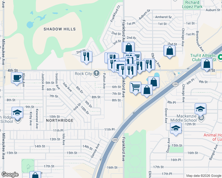 map of restaurants, bars, coffee shops, grocery stores, and more near 5825 6th Street in Lubbock