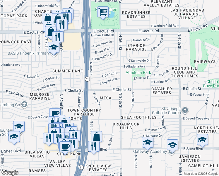 map of restaurants, bars, coffee shops, grocery stores, and more near 3445 East Cholla Street in Phoenix