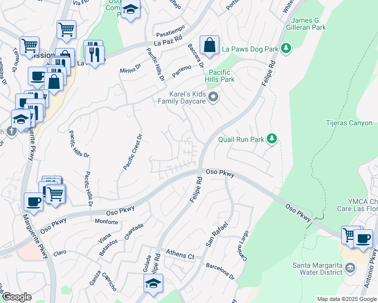 map of restaurants, bars, coffee shops, grocery stores, and more near 32 Mulholland Court in Mission Viejo