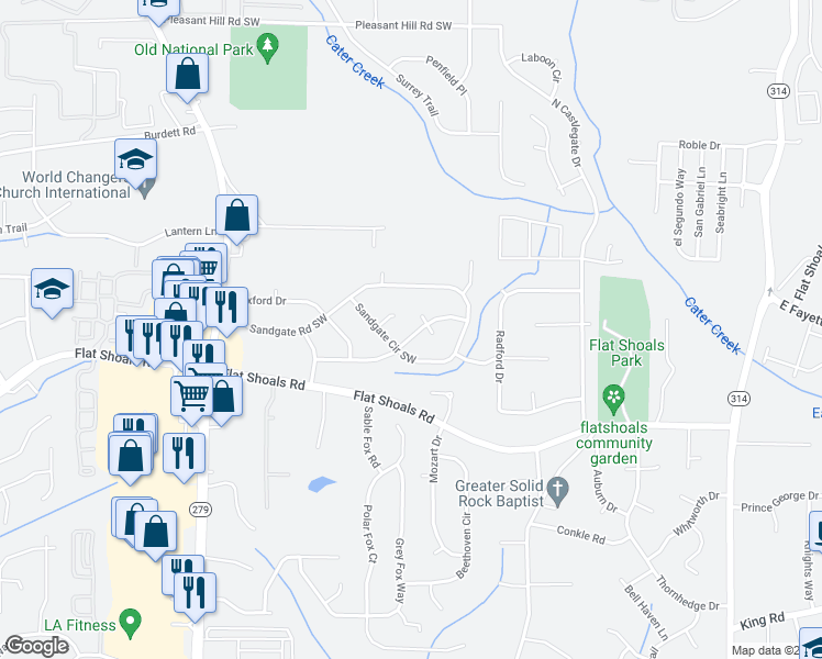 map of restaurants, bars, coffee shops, grocery stores, and more near 180 Knighton Circle Southwest in College Park