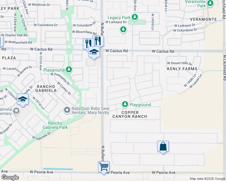 map of restaurants, bars, coffee shops, grocery stores, and more near 14585 West Sierra Street in Surprise
