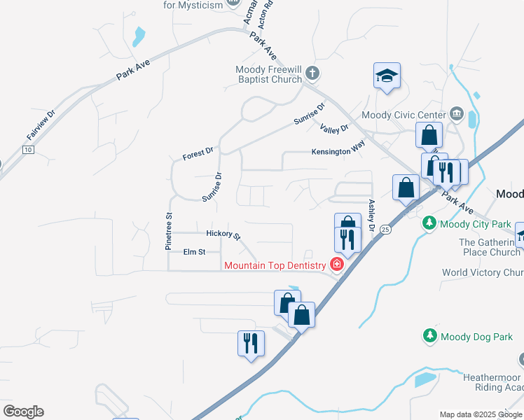 map of restaurants, bars, coffee shops, grocery stores, and more near 2070 Queens Court in Moody