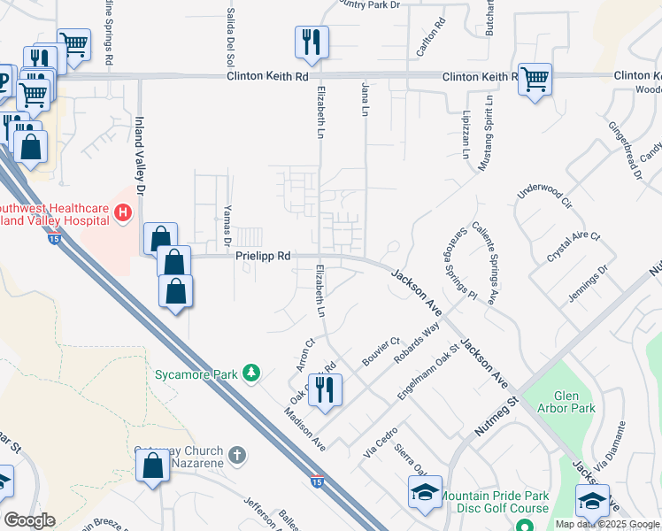 map of restaurants, bars, coffee shops, grocery stores, and more near 24875 Prielipp Road in Wildomar