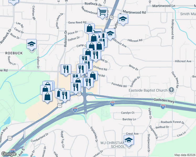 map of restaurants, bars, coffee shops, grocery stores, and more near 9236 Brookhurst Drive in Birmingham