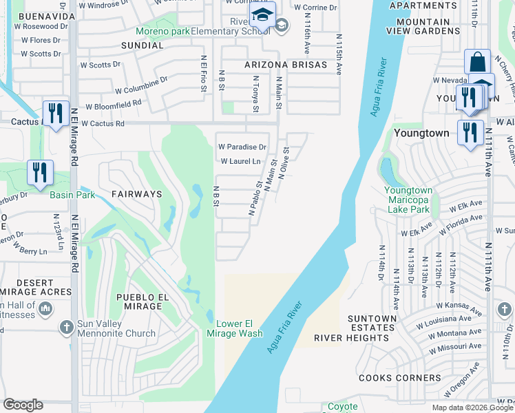 map of restaurants, bars, coffee shops, grocery stores, and more near 11613 North Pablo Street in El Mirage