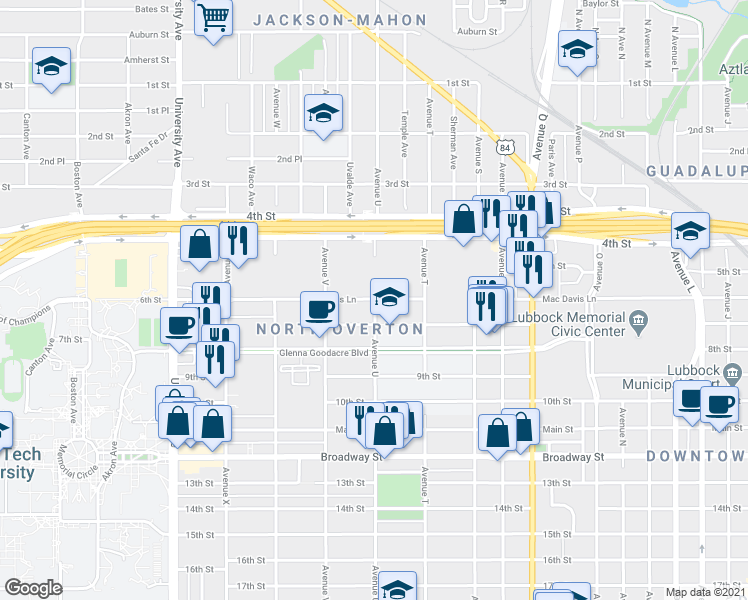 map of restaurants, bars, coffee shops, grocery stores, and more near 600-698 Avenue U in Lubbock