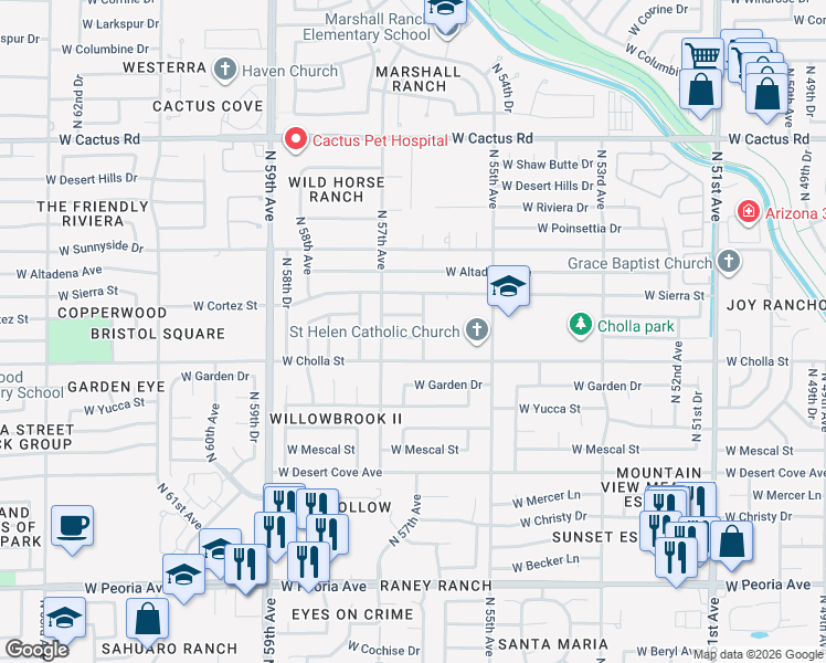 map of restaurants, bars, coffee shops, grocery stores, and more near 5610 West Cholla Street in Glendale