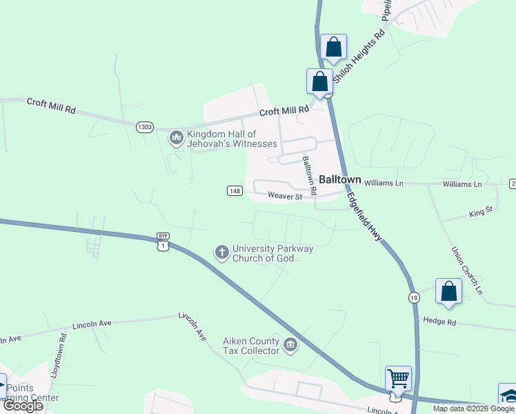 map of restaurants, bars, coffee shops, grocery stores, and more near 161 Weaver Street in Aiken