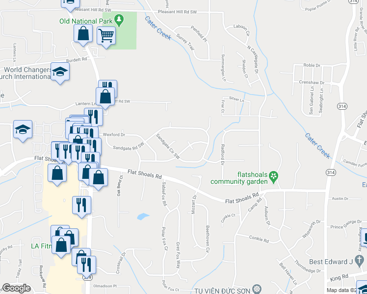 map of restaurants, bars, coffee shops, grocery stores, and more near 180 Knighton Circle Southwest in College Park