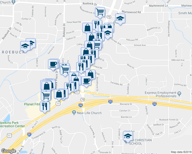 map of restaurants, bars, coffee shops, grocery stores, and more near 9236 Brookhurst Drive in Birmingham