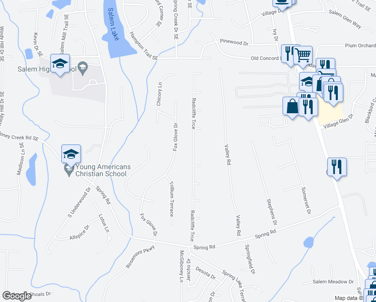 map of restaurants, bars, coffee shops, grocery stores, and more near 225 Radcliff Trace in Covington