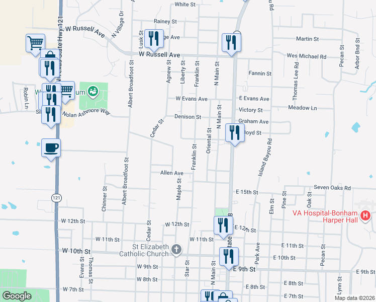 map of restaurants, bars, coffee shops, grocery stores, and more near 1525 Franklin Street in Bonham