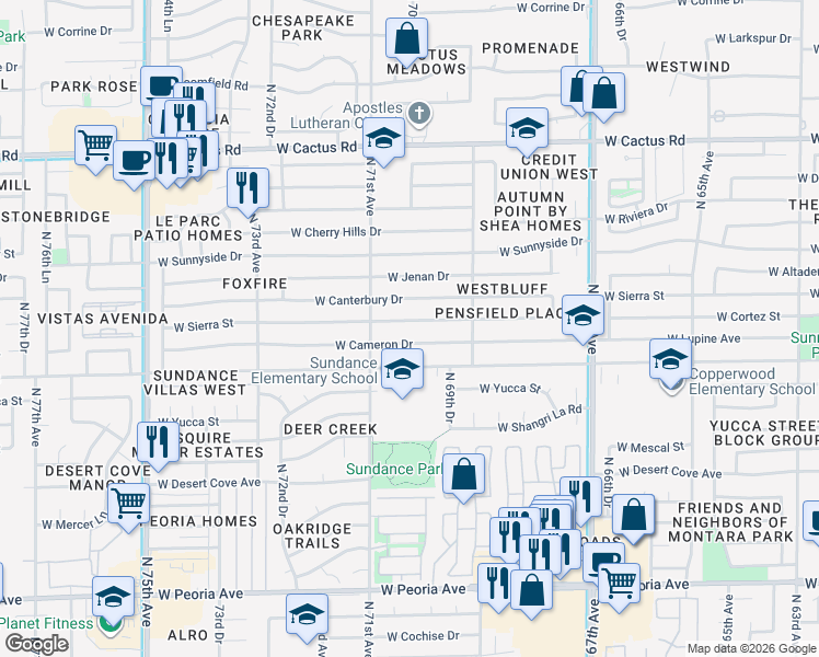 map of restaurants, bars, coffee shops, grocery stores, and more near 7015 West Sierra Street in Peoria
