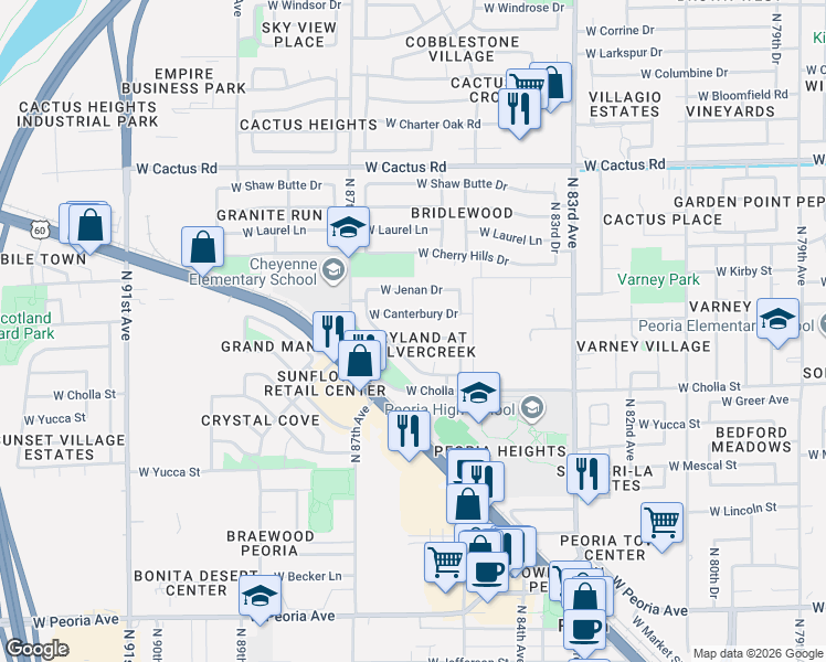 map of restaurants, bars, coffee shops, grocery stores, and more near 8611 West Sierra Street in Peoria