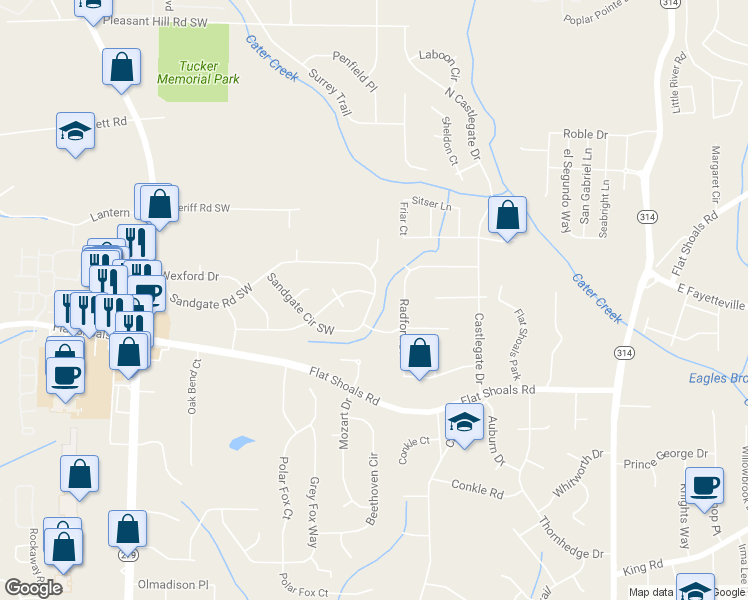 map of restaurants, bars, coffee shops, grocery stores, and more near 2065 Sandgate Circle Southwest in Atlanta