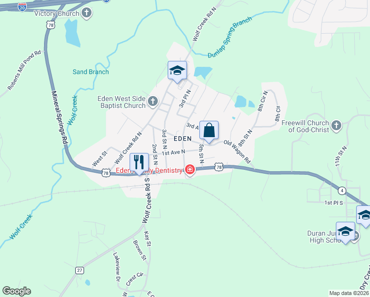 map of restaurants, bars, coffee shops, grocery stores, and more near 17 4th Street North in Pell City