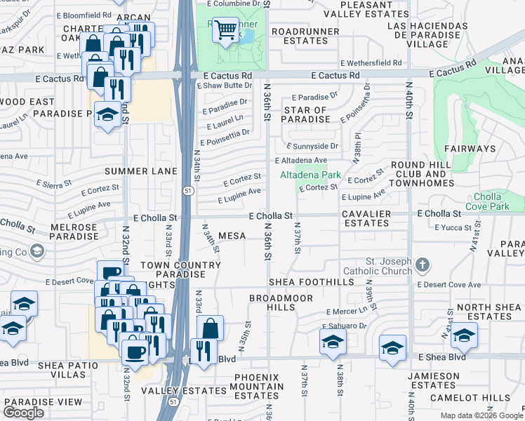 map of restaurants, bars, coffee shops, grocery stores, and more near 3540 East Cholla Street in Phoenix