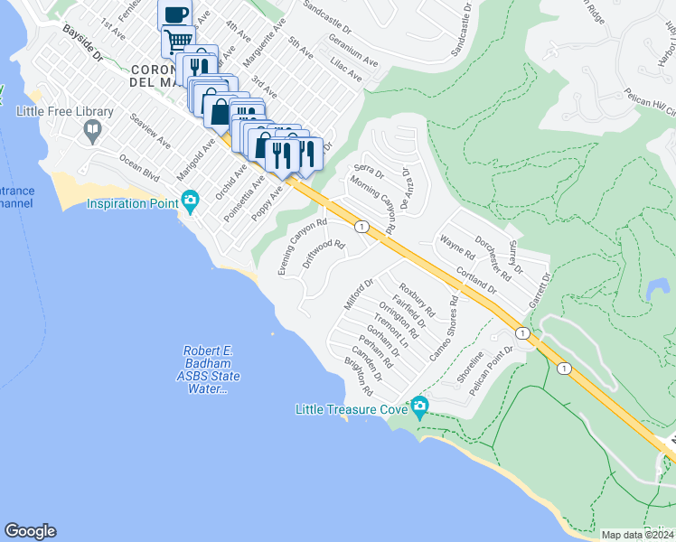 map of restaurants, bars, coffee shops, grocery stores, and more near 262 Morning Canyon Road in Newport Beach