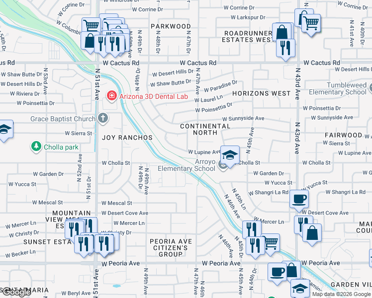 map of restaurants, bars, coffee shops, grocery stores, and more near 4723 W Lupine Ave in Glendale
