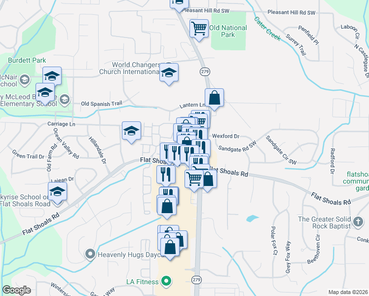 map of restaurants, bars, coffee shops, grocery stores, and more near 2403 Flat Shoals Road in Atlanta