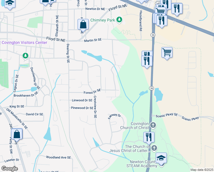 map of restaurants, bars, coffee shops, grocery stores, and more near 7121 Forest Drive Southeast in Covington