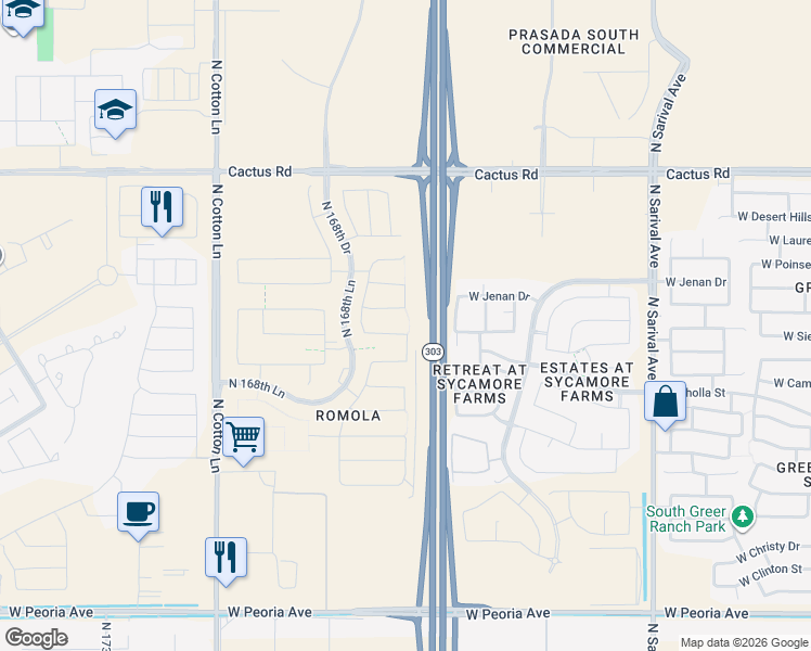 map of restaurants, bars, coffee shops, grocery stores, and more near Bob Stump Memorial Parkway in Surprise