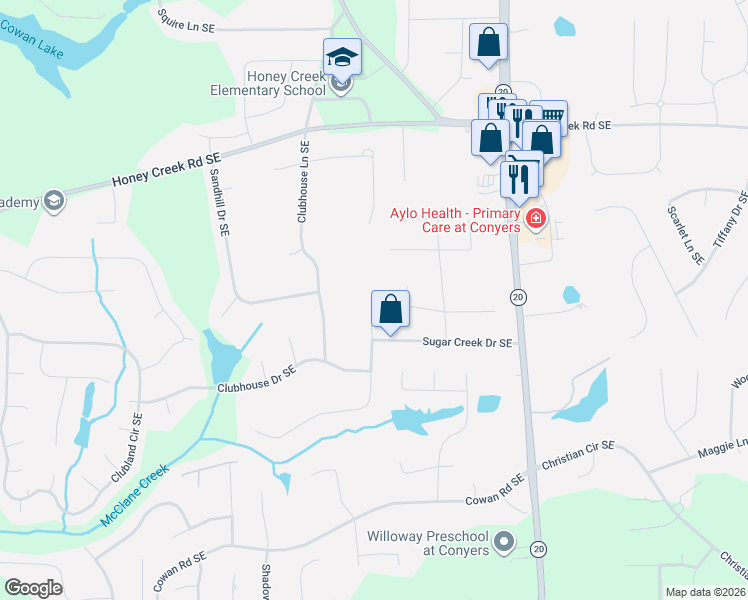 map of restaurants, bars, coffee shops, grocery stores, and more near 796 Sugar Creek Trail Southeast in Conyers