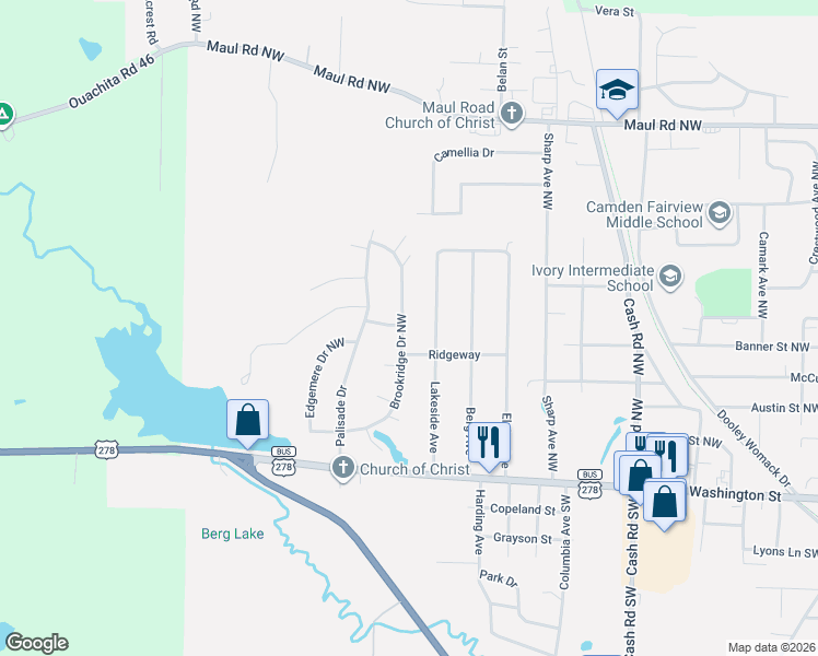 map of restaurants, bars, coffee shops, grocery stores, and more near 450 Brookridge Drive Northwest in Camden