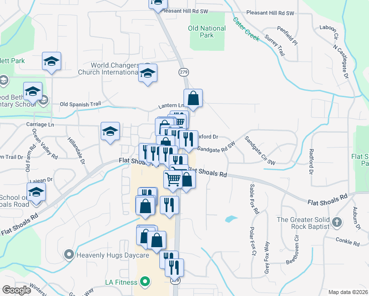 map of restaurants, bars, coffee shops, grocery stores, and more near 6060 Old National Highway in Atlanta