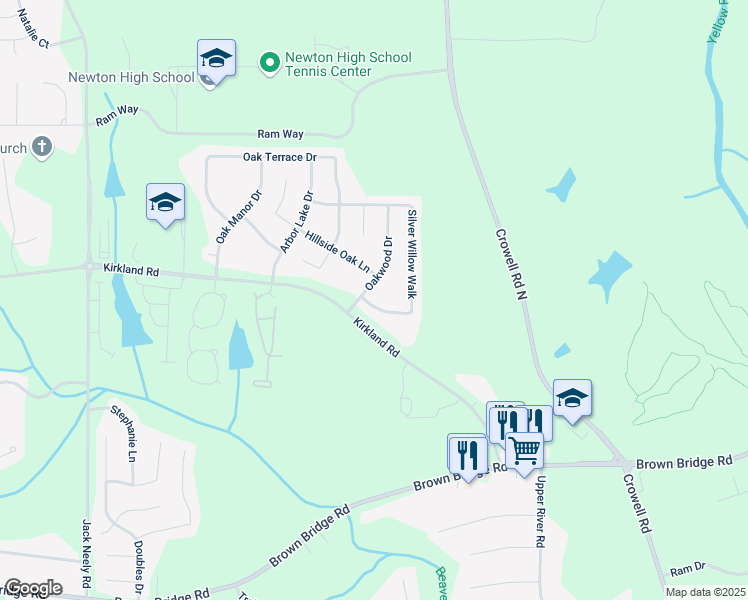 map of restaurants, bars, coffee shops, grocery stores, and more near 15 Silver Willow Walk in Covington