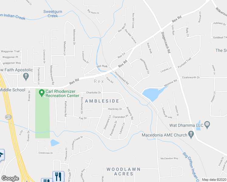 map of restaurants, bars, coffee shops, grocery stores, and more near 3800 Charlotte Drive in Rex