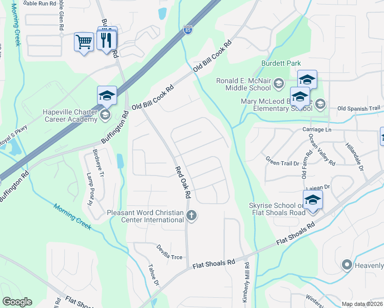 map of restaurants, bars, coffee shops, grocery stores, and more near 3200 Broadleaf Avenue in Atlanta